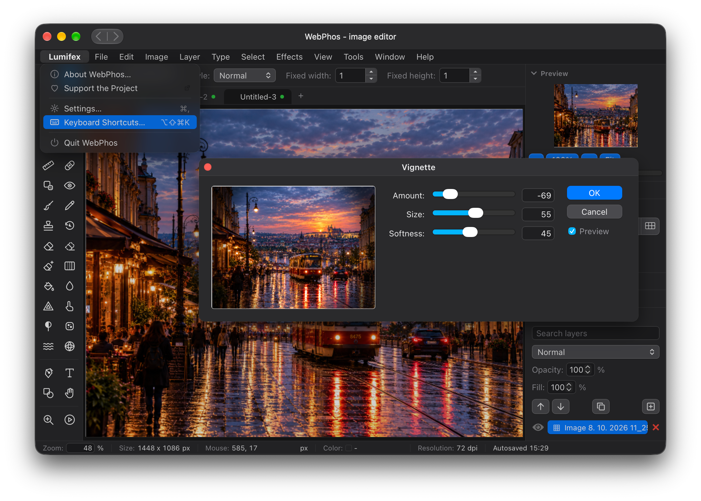 Lumifex image editor with an open night photo of Tokyo and the Vignette dialog with live preview
